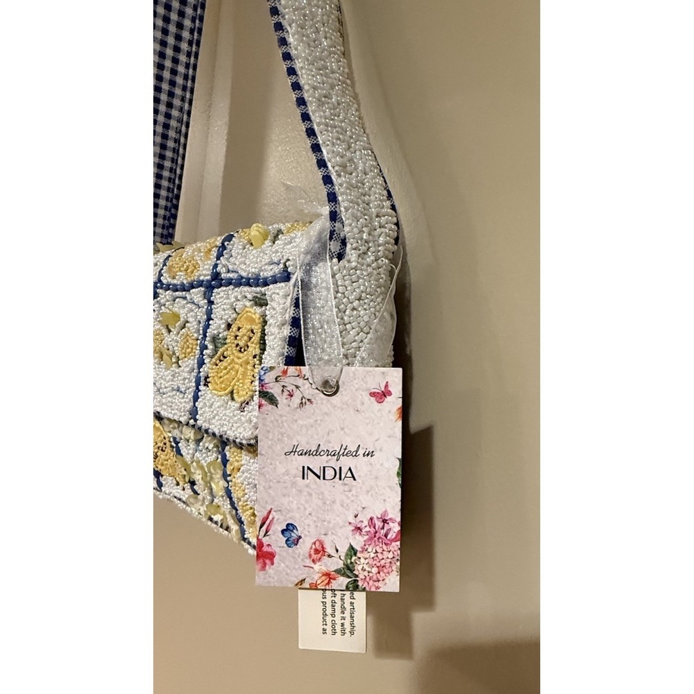 Handcrafted in India Tik Tok Viral Beaded Lemon Tile Bag Gingham Interior NWT - Picture 2 of 3